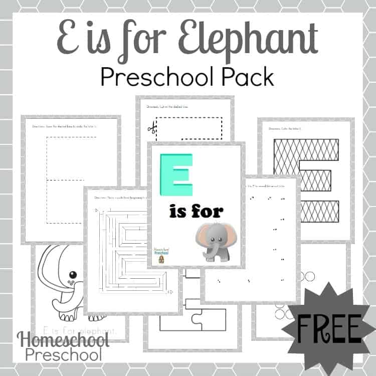 This "E is for Elephant" preschool printable is full of letter E fun! Maze, dot-to-dot, and more. | homeschoolpreschool.net