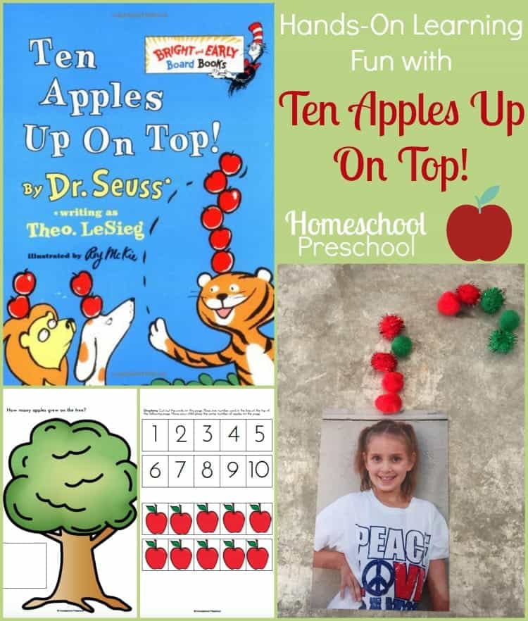 Hands-on learning fun and a FREE printable to use when you read Ten Apples Up On Top with your preschoolers. | homeschoolpreschool.net