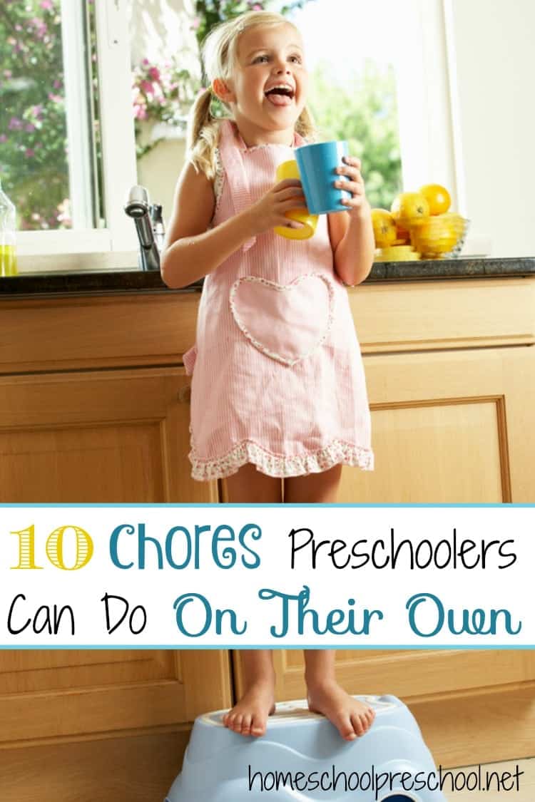 What are some chores that you can do with your toddler or preschooler? Here's a list of ideas for things your child can do with you. Many of them can even be done independently by older preschoolers. | homeschoolpreschool.net