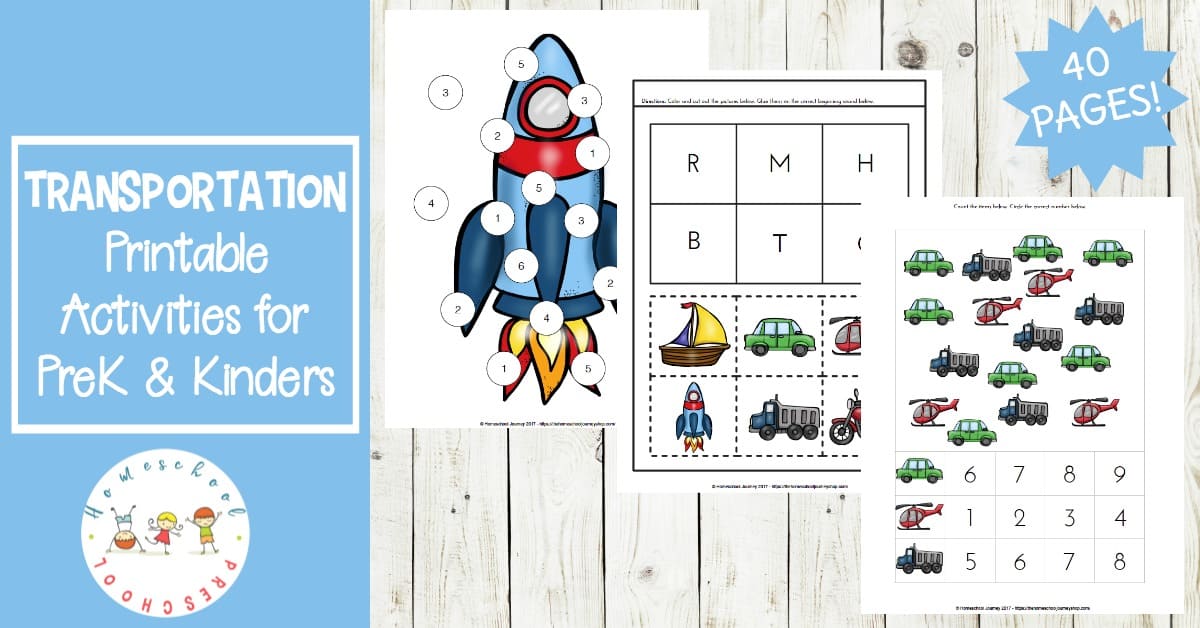 FREE transportation theme preschool printables! This worksheet pack is full of preschool math and preschool literacy activities. They're perfect for your homeschool preschool lessons!