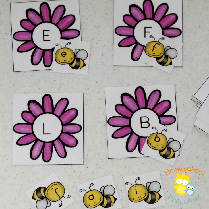 This preschool alphabet matching game is perfect for your spring activities! Your little learners will love helping each bee find its home! | homeschoolpreschool.net