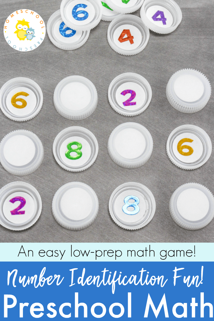 Come discover how to set up a low prep math game for preschoolers. All you need is some number stickers and some plastic bottle caps.