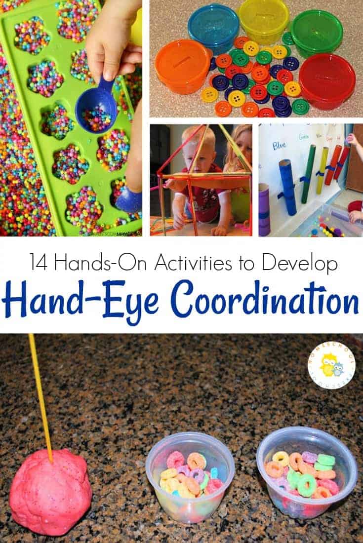 Come discover fourteen activities to strengthen hand-eye coordination for toddlers and preschoolers. All of these hands-on ideas feature play-based learning! #motorskills #preschoolers