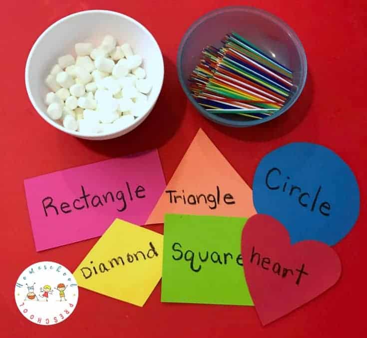 Incorporate STEM into your homeschool preschool lessons. Kids will enjoy building shapes with marshmallows and toothpicks for hands-on math practice. 