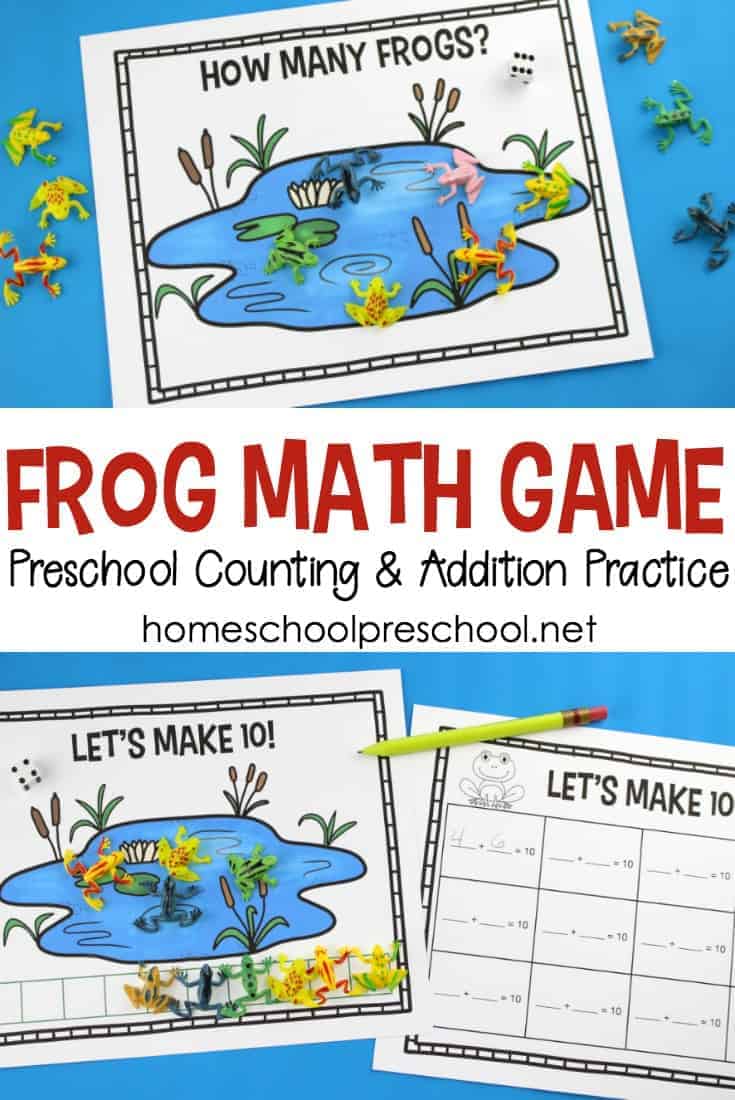 Preschoolers will enjoy playing this hands-on frog math game to help them practice counting and addition to ten. This fun math frog game is a fantastic addition to your spring homeschool lessons.