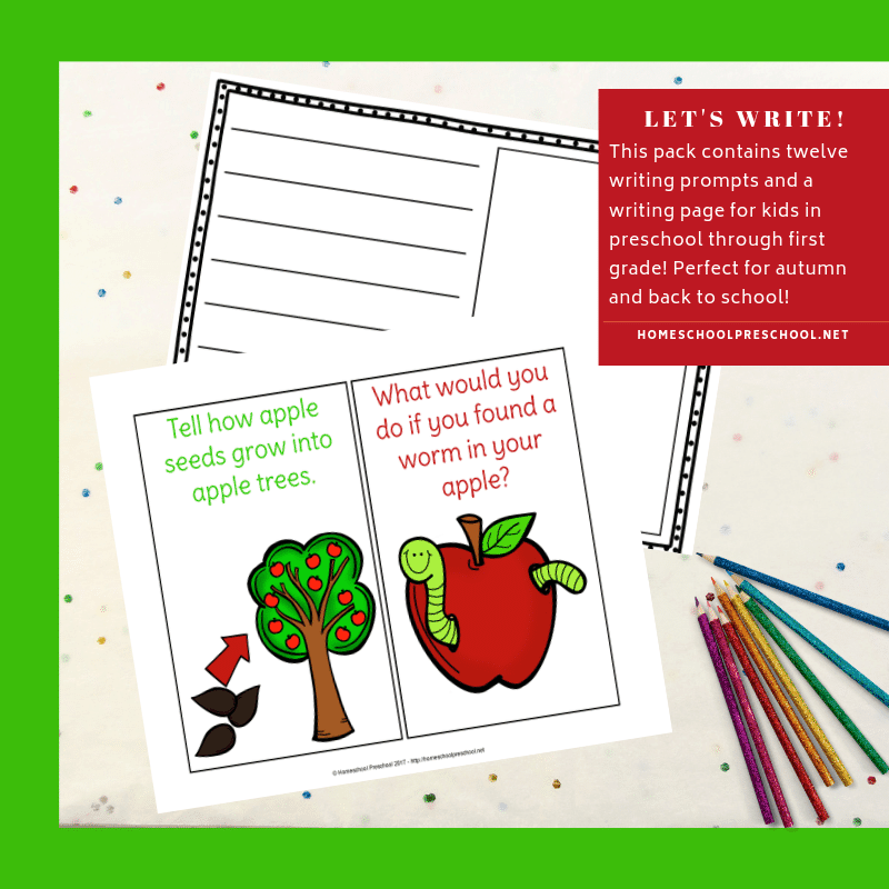 Encourage young writers to get creative with these apple writing task cards. Includes twelve writing prompts and apple writing paper.