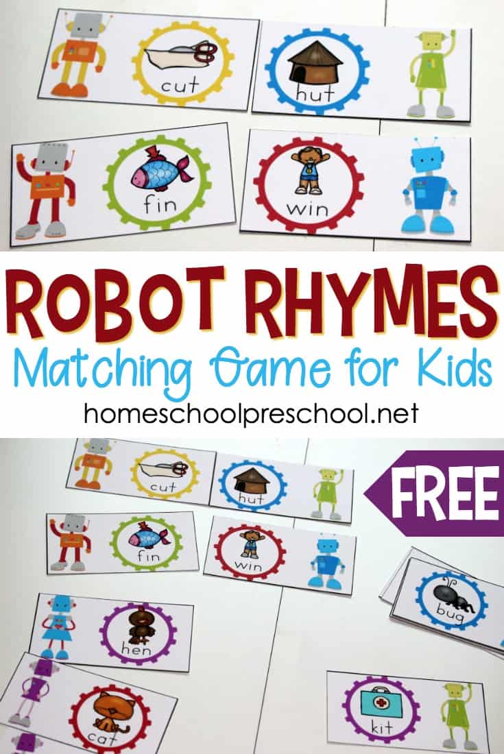 Preschool and kindergarten kiddos will enjoy matching rhymes with this free robot-themed rhyming words game for beginning readers!