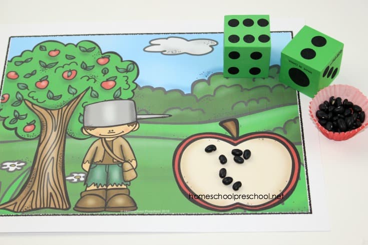Young learners will have fun practicing their counting skills with this free activity featuring Johnny Appleseed for preschool. 
