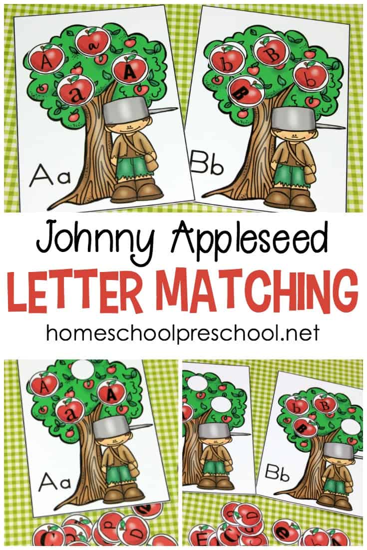 This fall, use this free printable Johnny Appleseed letter matching game to teach and reinforce letter recognition with your preschoolers.