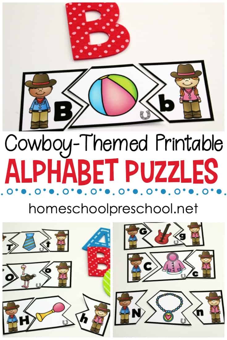 Alphabet puzzle printables help your preschoolers focus on letter recognition, letter matching, and beginning sounds. These wild west ABC puzzles are fun!