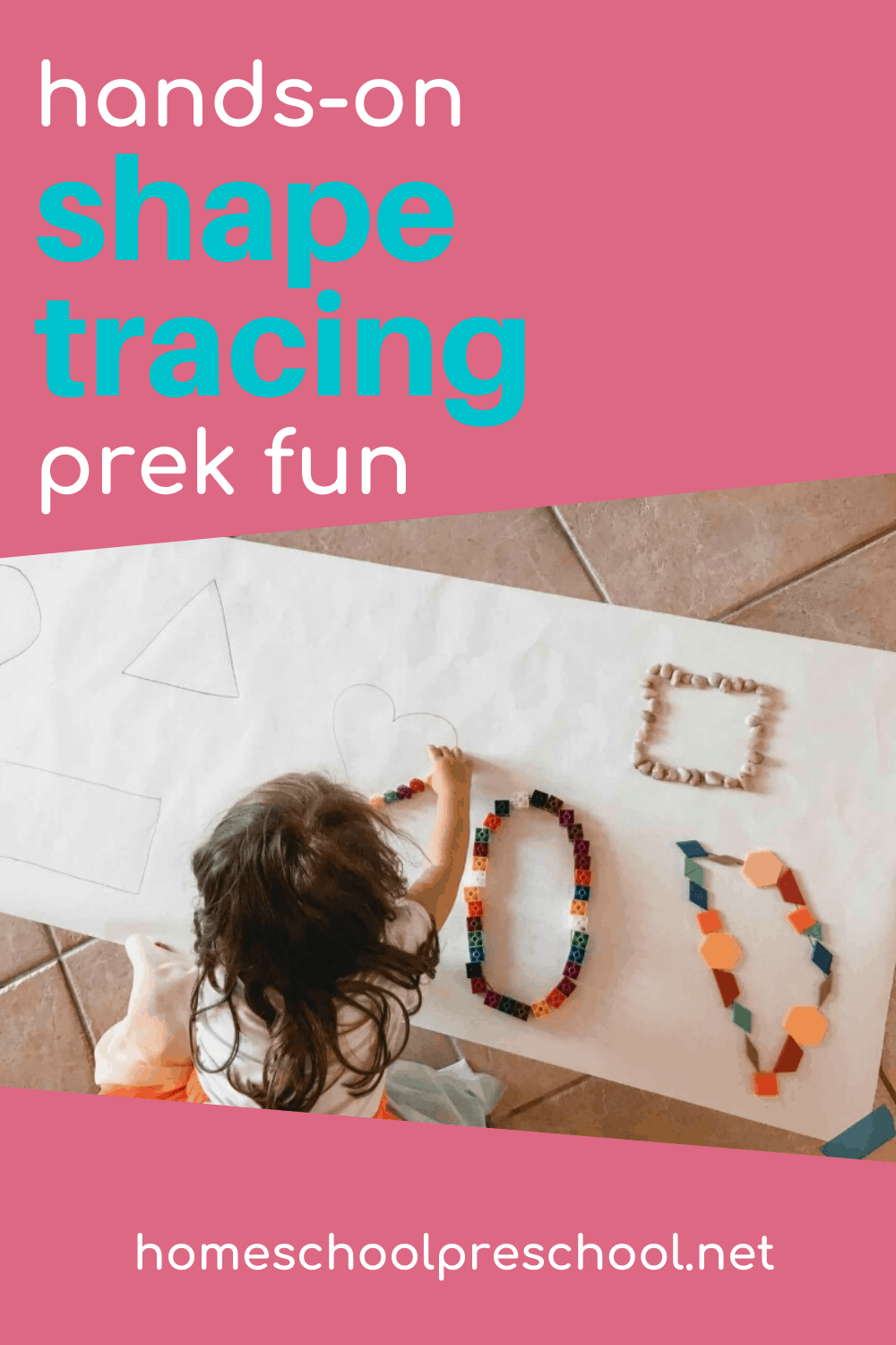 This hands-on activity not only teaches shapes for kids, but it focuses on fine and gross motor skills at the same time. Preschoolers will love it!