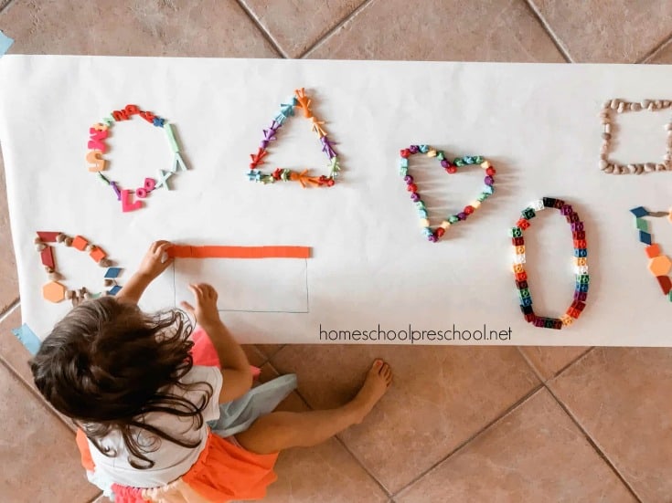 This hands-on activity not only teaches shapes for kids, but it focuses on fine and gross motor skills at the same time. Preschoolers will love it!