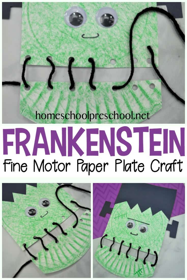 Your kids will love building their fine motor muscles as they lace up this super fun Frankenstein paper plate craft! Perfect for your Halloween crafting.