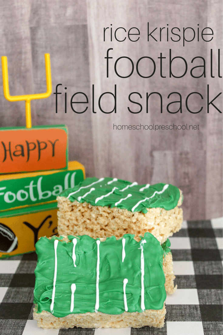 Super Bowl Sunday is around the corner! Show up at your Super Bowl party with a Rice Krispie Treat Football Field snack that's easy enough for kids to make.