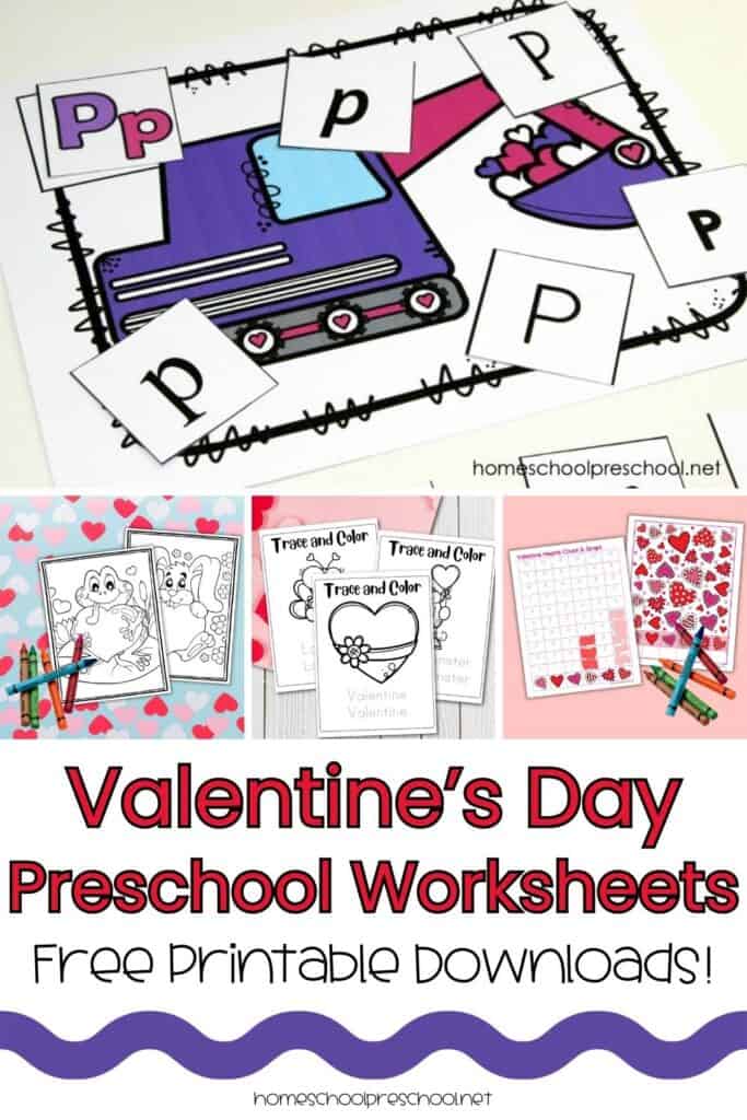 Free Valentine’s Day preschool worksheets including alphabet matching, tracing, counting, and coloring activities for early learning.