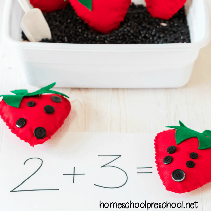 For your preschool strawberry theme create a strawberry math sensory bin. Work on number recognition, counting, and one-to-one correspondence.