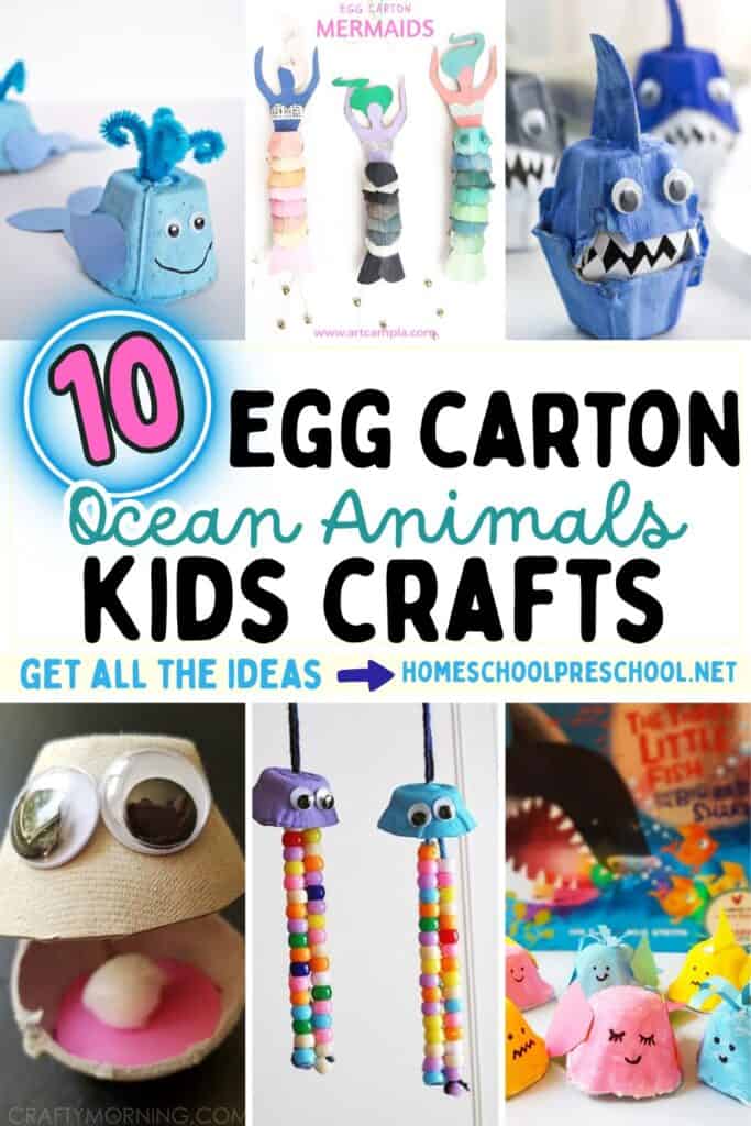 Graphic promoting “10 Ocean Animal Egg Carton Crafts for Kids” with images of a whale, shark, and jellyfish made from egg cartons.