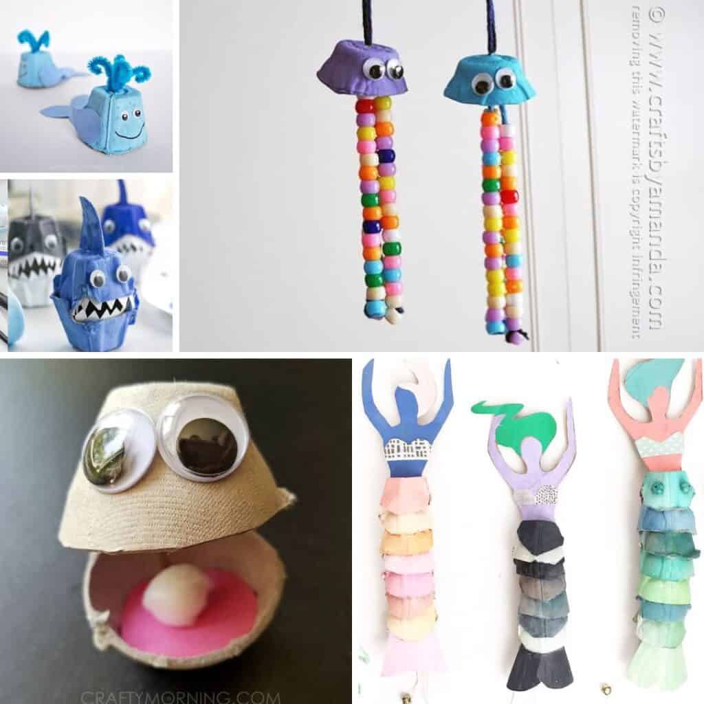 Collage of ocean-themed kids’ crafts made from egg cartons, including a whale, shark, jellyfish, clam, and mermaids.