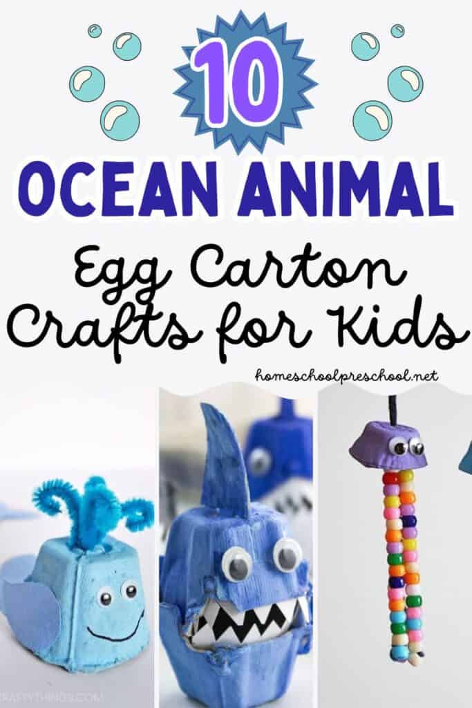 Collage of kids’ ocean-themed crafts made from egg cartons, including fish, mermaids, sharks, jellyfish, and other sea creatures.