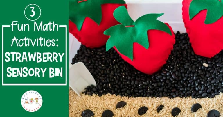 For your preschool strawberry theme create a strawberry math sensory bin. Work on number recognition, counting, and one-to-one correspondence. 