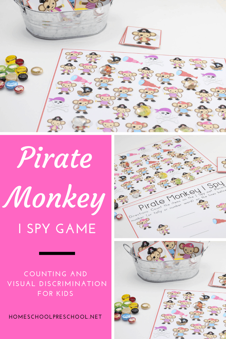 Teach visual discrimination and practice counting with this super fun, low-prep I Spy Pirate Monkey Activity for preschool kiddos!
