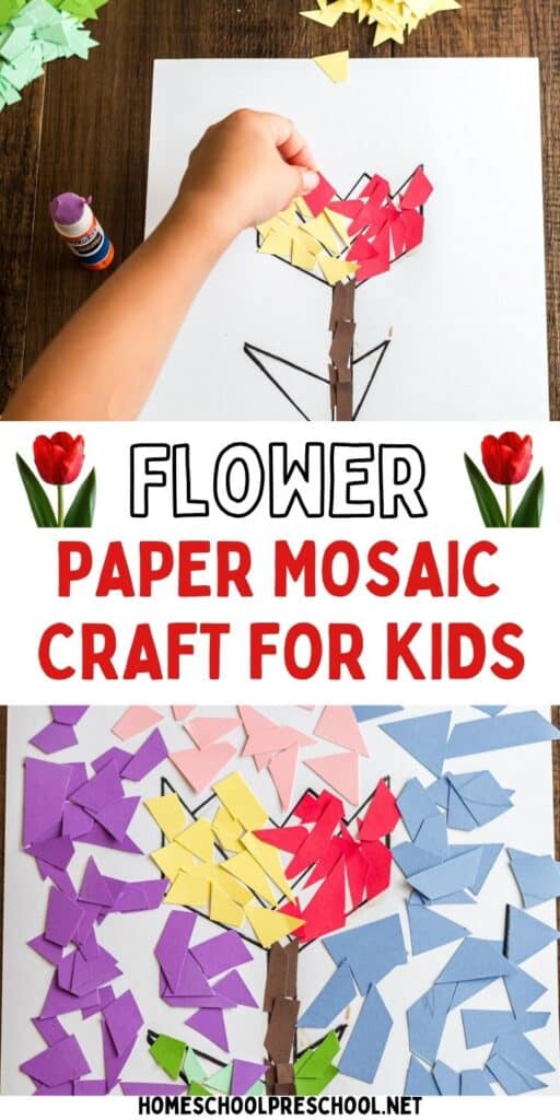 Finished paper mosaic flower craft showing a flower made from colorful paper pieces arranged inside a drawn outline on white paper.