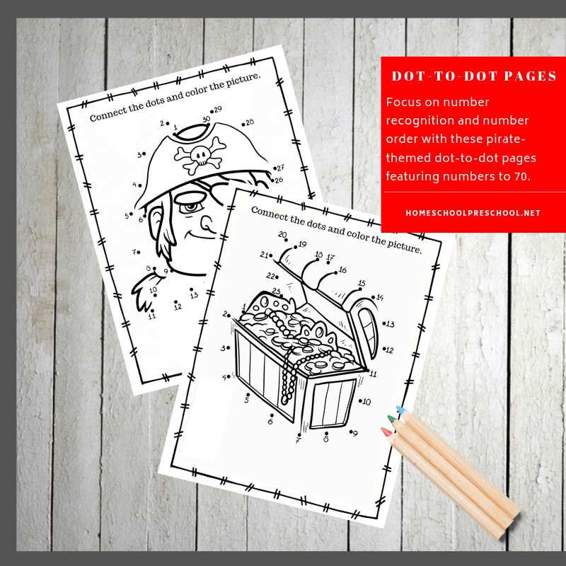 Kids will love practicing number recognition and number order with this pirate dot to dot printable pack! There are twelve to choose from with numbers from 1-70.
