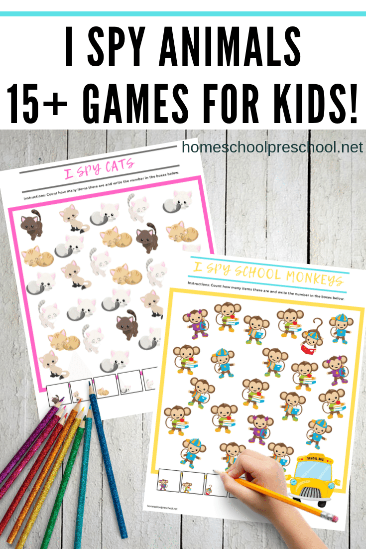 Don't miss this awesome collection of printable I Spy Animals games for kids! With more than fifteen animal themes to choose from, there's something for everyone!