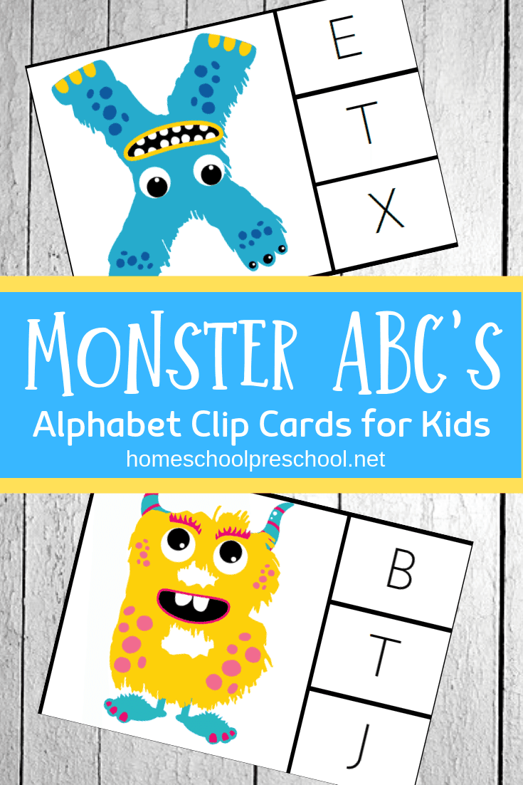 Practice letter recognition and build fine motor skills with these free monster alphabet clip cards. They're super fun for little ones!