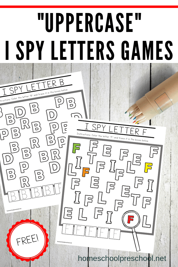 Download this set of uppercase I Spy Letter printable games. These alphabet worksheets are the perfect addition to your preschool literacy centers.