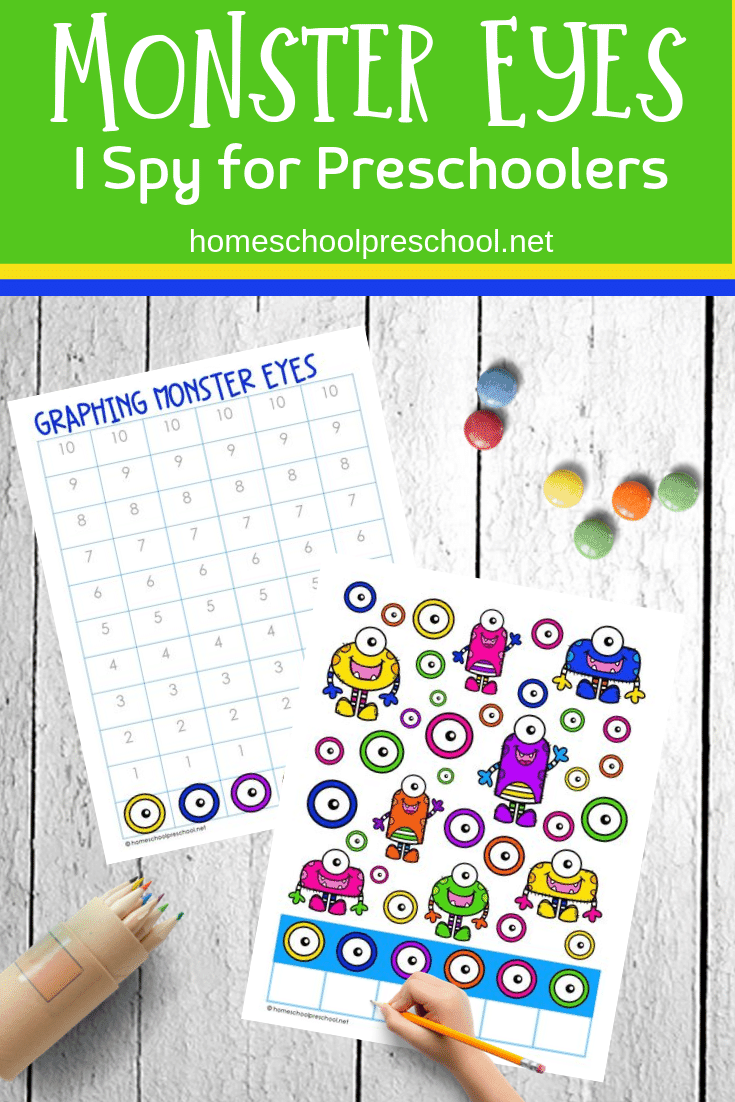 This October, kids will count and graph their way through this Monster Eyes I Spy for preschoolers activity. It's great for Halloween or Letter M activities!