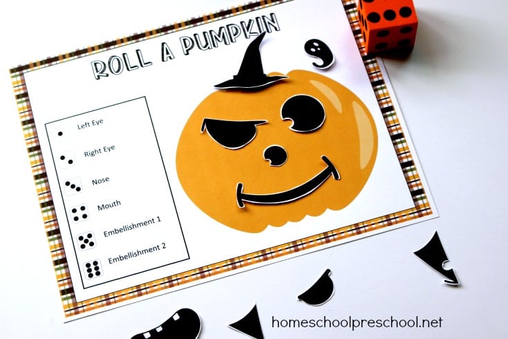 Grab your copy of this printable Roll a Pumpkin game! It's perfect for your preschool Halloween festivities at home or in the classroom. 