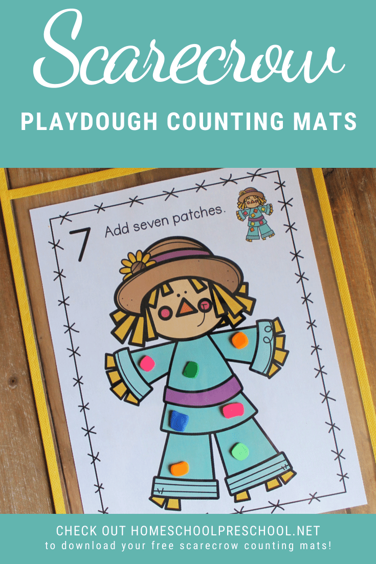 This fall, your preschoolers can practice counting to ten as they add patches to the scarecrows on these scarecrow playdough mats!