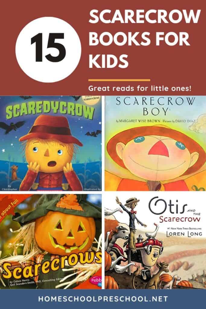 A collage featuring 15 scarecrow books for kids, showcasing titles like "Scaredycrow," "Scarecrow Boy," "Scarecrows," and "Otis and the Scarecrow."
