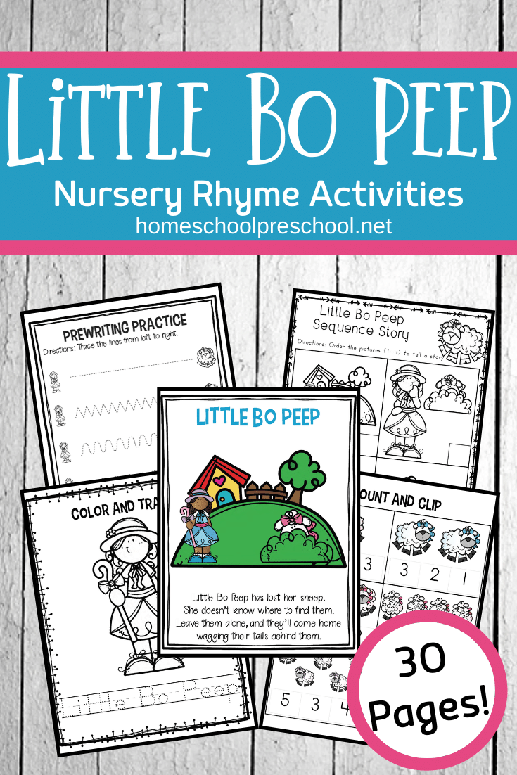This Little Bo Peep nursery rhyme printable is perfect for kids ages 3-7. This unit includes a variety of math and literacy activities preschoolers will love.