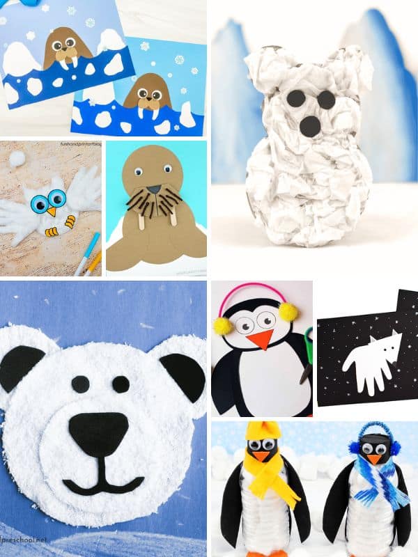 Collage of preschool winter animal crafts featuring penguins, polar bears, walrus, owls, and arctic foxes made with paper, paint, handprints, and simple craft materials.