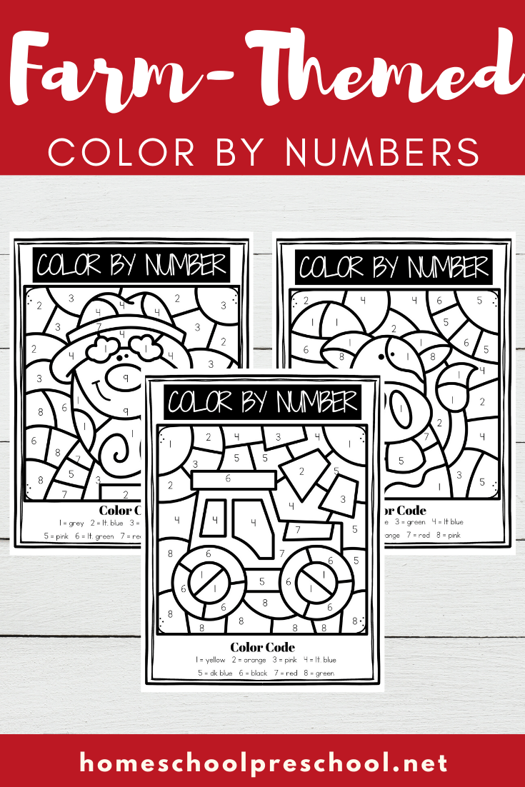 Preschoolers will practice number recognition while strengthening fine motor skills with this set of farm color by numbers preschool worksheets.