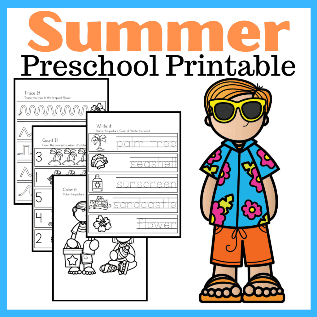 Don't miss this fun summer printable for preschoolers! It contains activities that focus on math, literacy, and fine motor skills.