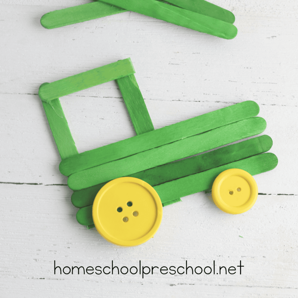 Don't miss this adorable popsicle stick tractor craft for preschool kiddos! Add it to your farm or transportation themes for a fun craft activity.