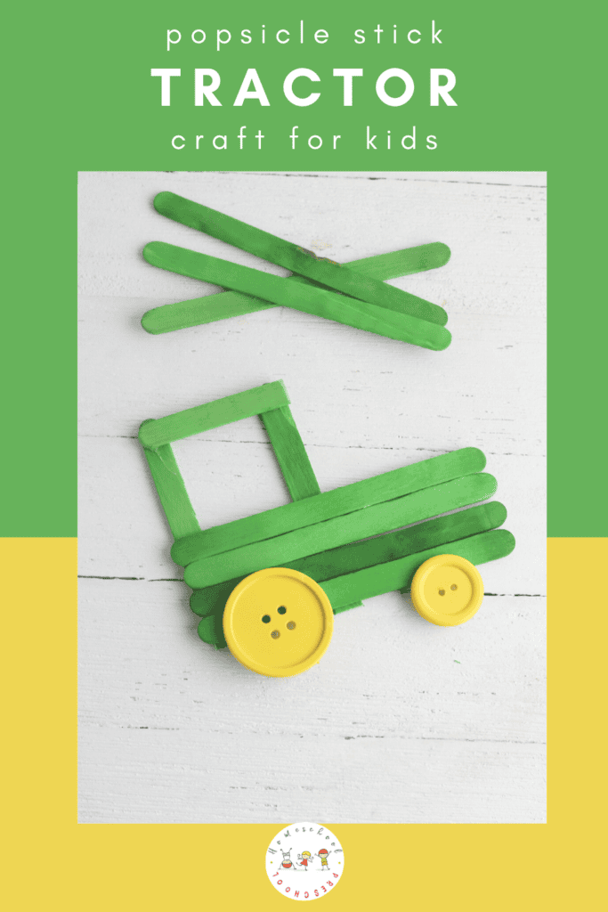 Don't miss this adorable popsicle stick tractor craft for preschool kiddos! Add it to your farm or transportation themes for a fun craft activity.