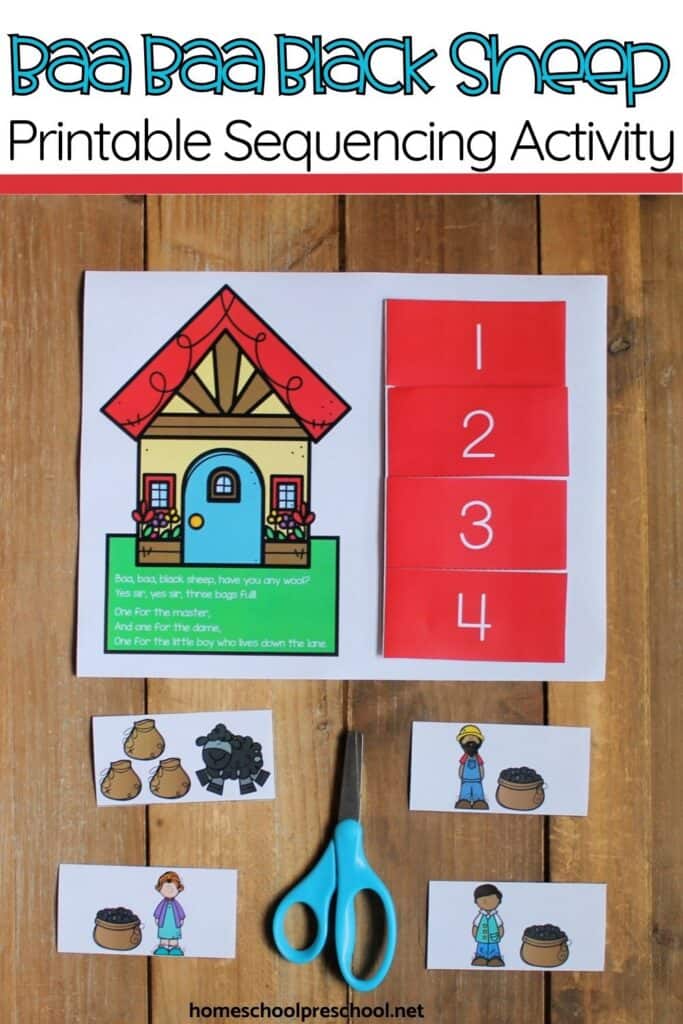 Baa Baa Black Sheep printable sequencing activity with flap book, numbered order cards, cut-and-paste picture pieces, and scissors for preschool story sequencing.