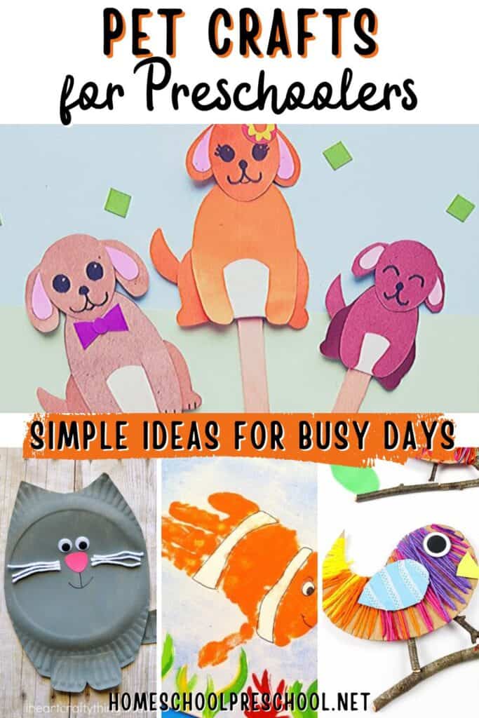 Pet crafts for preschoolers featuring simple dog, fish, bird, and cat art projects made with paper and basic craft supplies.