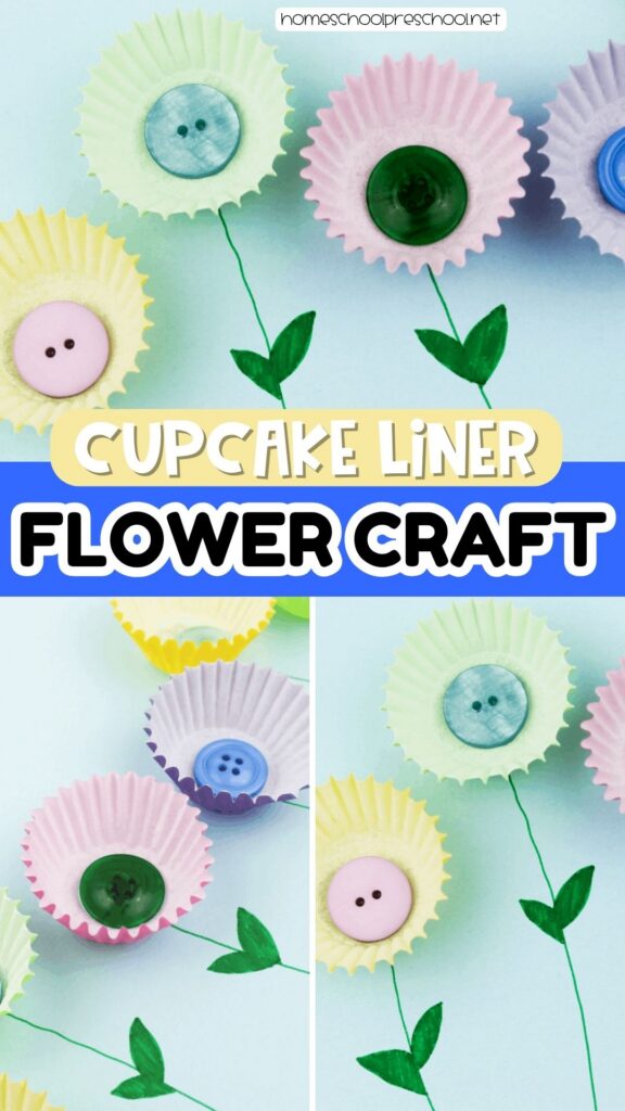 Spring flower craft for preschoolers made with pastel cupcake liners and buttons on light blue cardstock
