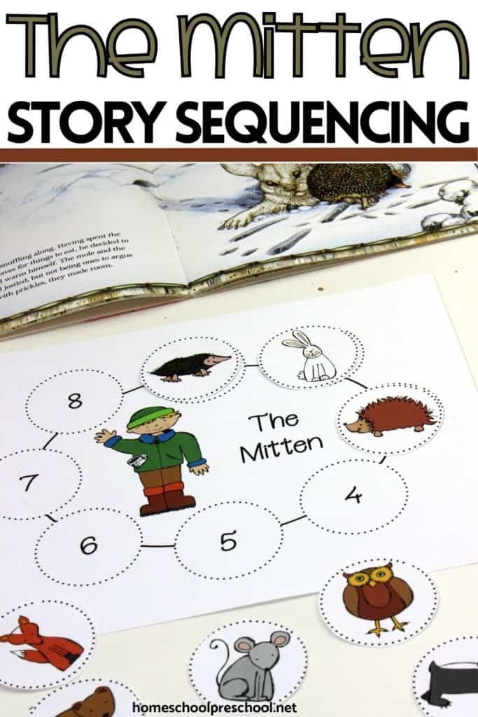 The Mitten story sequencing activity with numbered circles and animal character cards for preschool story retelling.