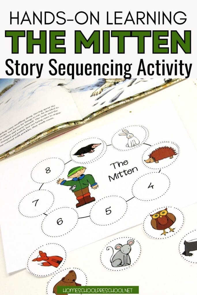 Hands-on The Mitten story sequencing activity with numbered circles and animal picture cards for preschoolers to retell the story in order.