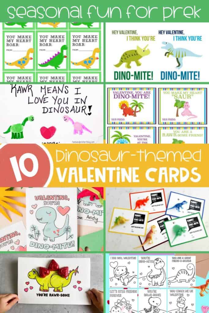 Collage of dinosaur Valentine cards for preschoolers, including printable cards, coloring Valentines, crafts, and non-candy classroom ideas