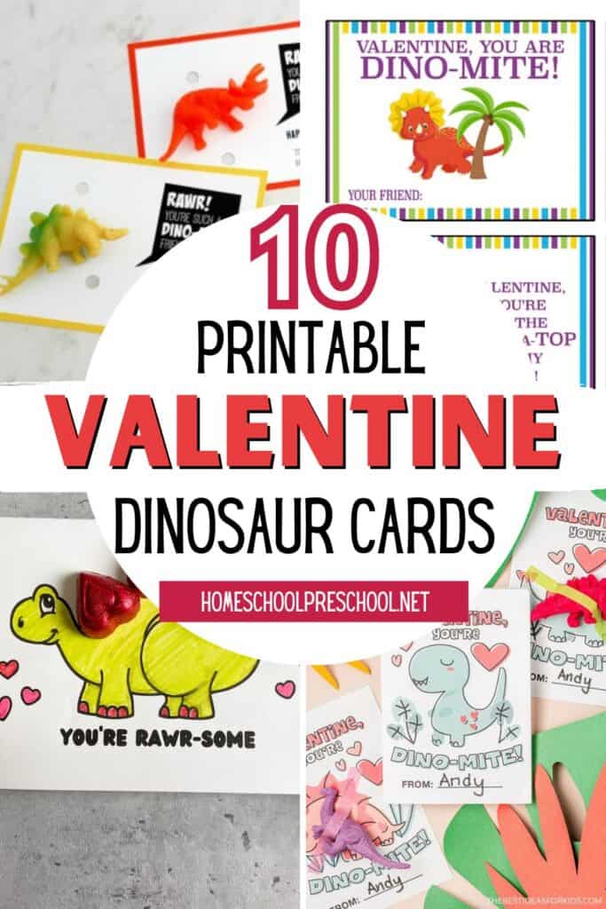 Collage of printable dinosaur Valentine cards for preschoolers, including non-candy and hands-on Valentine ideas