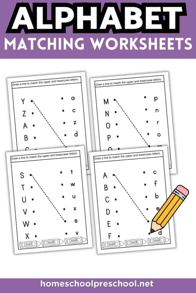 Draw-a-line letter matching printable for preschool with uppercase and lowercase alphabet worksheets.