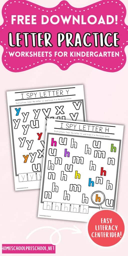 Free letter practice worksheets for kindergarten featuring I Spy letter recognition printables with coloring and tracing activities (A–Z).