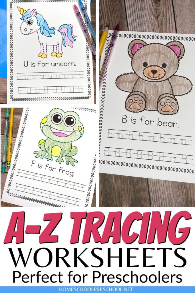 Letter tracing worksheets for preschoolers showing a unicorn, bear, and frog with uppercase and lowercase letter tracing rows
